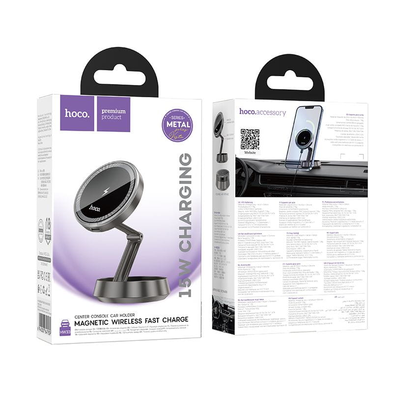 Uchwyt na telefon do samochodu indukcyjny zgodny z MagSafe Hoco 15W do deski HW33 szary (1).jpg