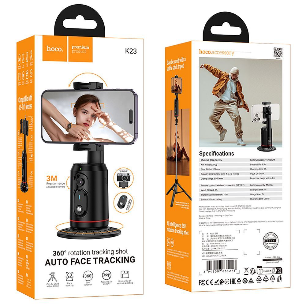 Uchwyt na telefon Hoco obrotowy 360 stopni z automatycznym śledzeniem twarzy K23 czarny (1).jpg