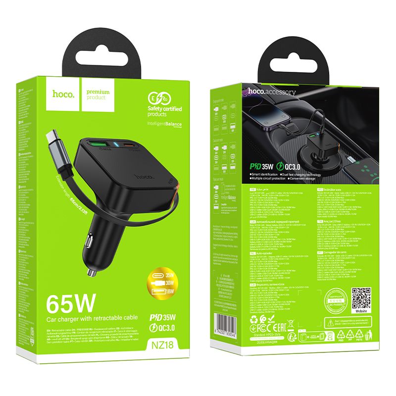 Ładowarka samochodowa Hoco ze zwijanym kablem 2 x USB C + USB A QC PD 65W NZ18 czarna (1).jpg
