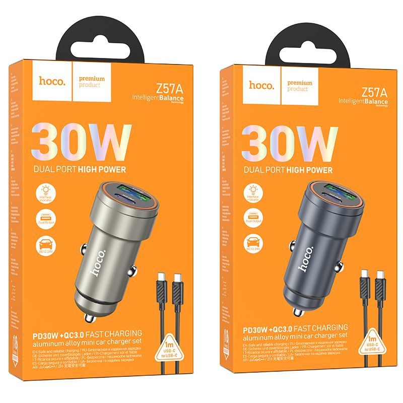 Ładowarka samochodowa Hoco USB A + USB C QC3.0 PD 30W + kabel USB C do USB C Z57A czarna (1).jpg
