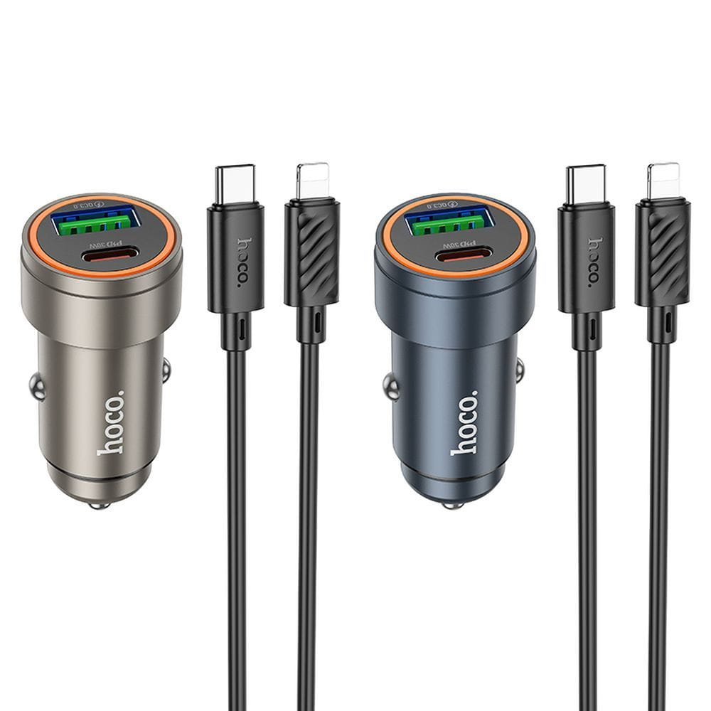 Ładowarka samochodowa Hoco USB A + USB C QC3.0 PD 30W + kabel USB C do Lightning Z57A czarna (3).jpg