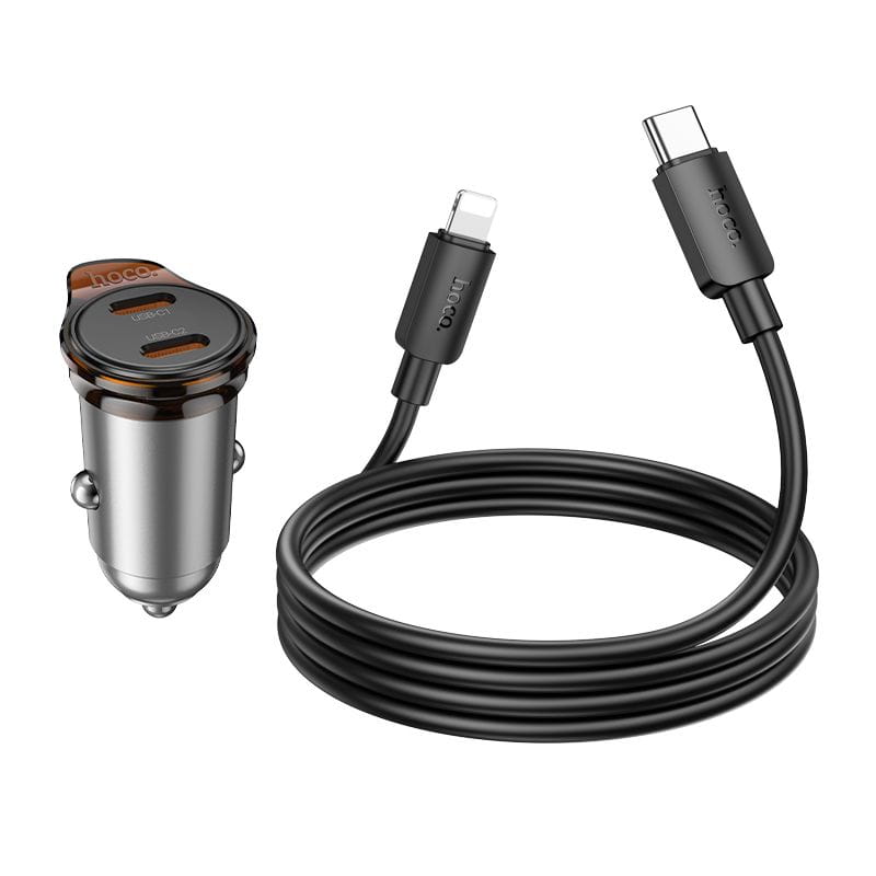 Ładowarka samochodowa Hoco 2 x USB C QC PD 45W + kabel USB C do Lightnning NZ16B szara (9).jpg