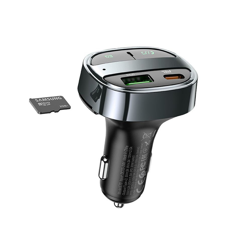 Ładowarka samochodowa Hoco USB A + USB C PD QC3.0 5A 30W z wyświetlaczem + transmiter FM BT E70 czarna (3).jpg