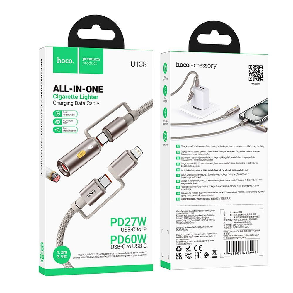 Kabel All-in-one USB C  Lightning do USB C  Zapalniczka samochodowa Hoco PD 3A 60W 1,2 m U138 czarny (1).jpg