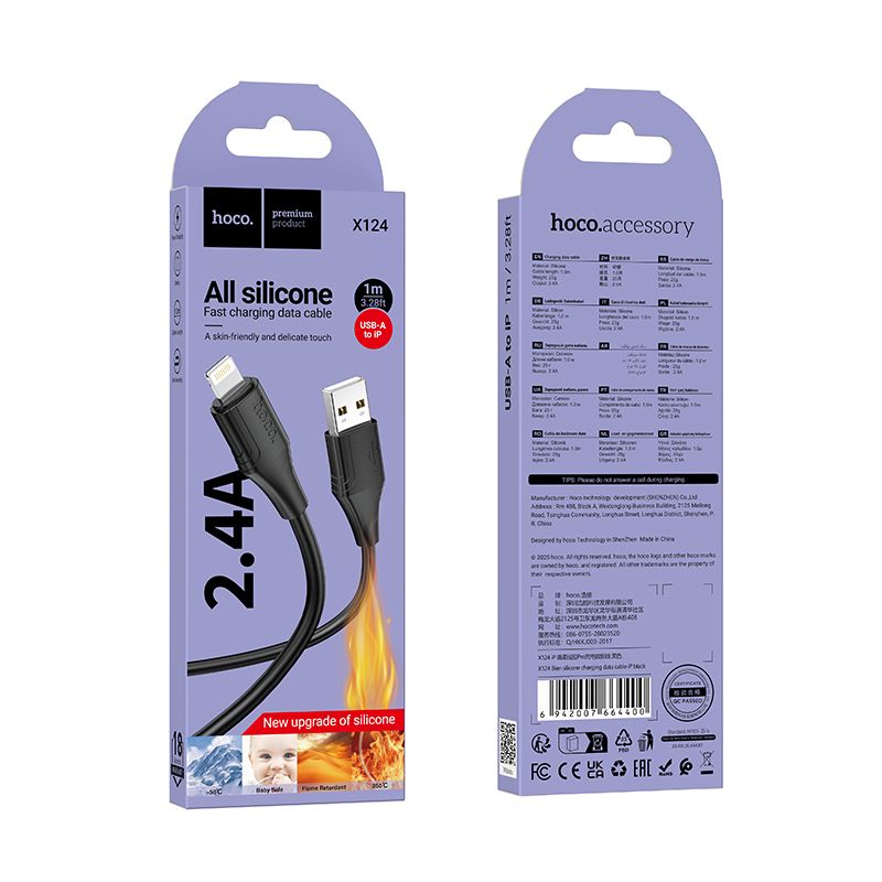 Kabel Silikonowy USB A do Lightning Hoco 2,4A 1 m X124 czarny (2).jpg