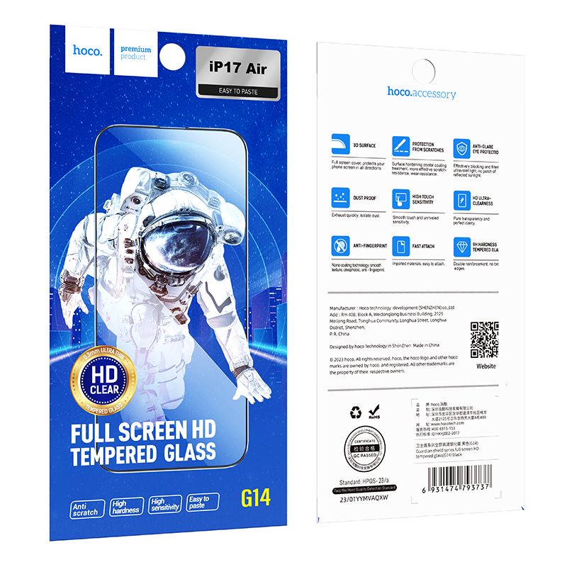 Szkło hartowane do iPhone 17 AIR Hoco HD 5D Guardian shield 10 sztuk G14 czarne (2).jpg