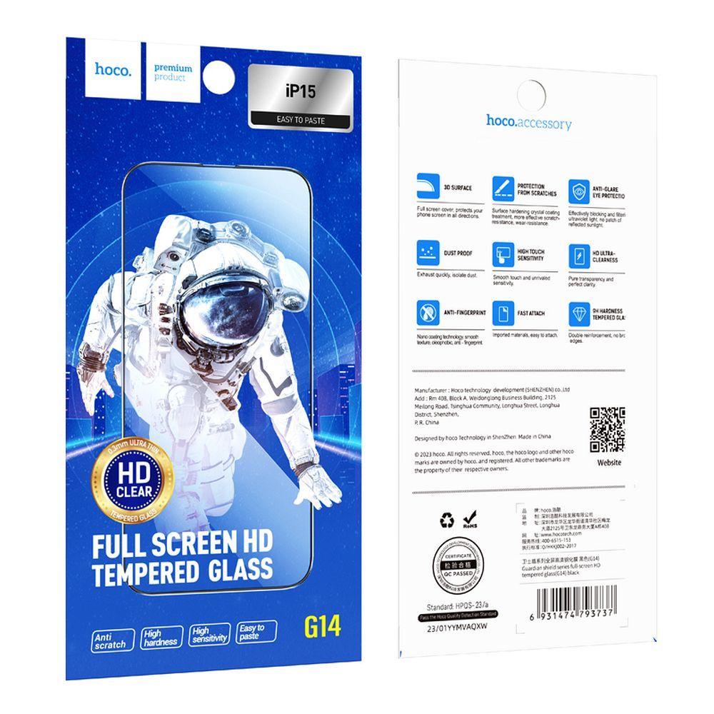 Szkło hartowane do iPhone 15  16 Hoco HD 5D Guardian shield 10 sztuk G14 czarne (3).jpg
