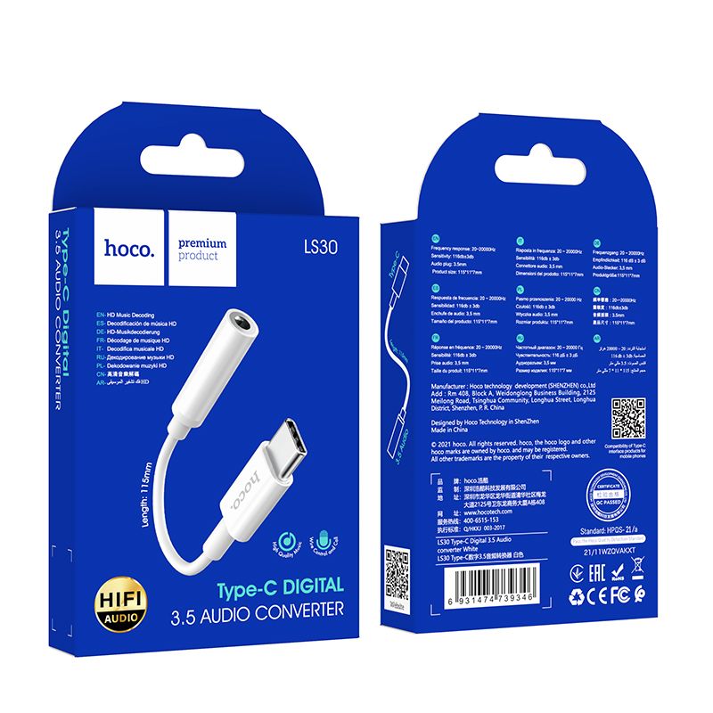 Adapter AUX USB C do Jack 3,5 mm Hoco LS30 biały (3).jpg
