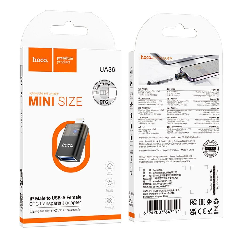 Adapter OTG Lightning do USB A Hoco UA36 czarny transparentny (2).jpg