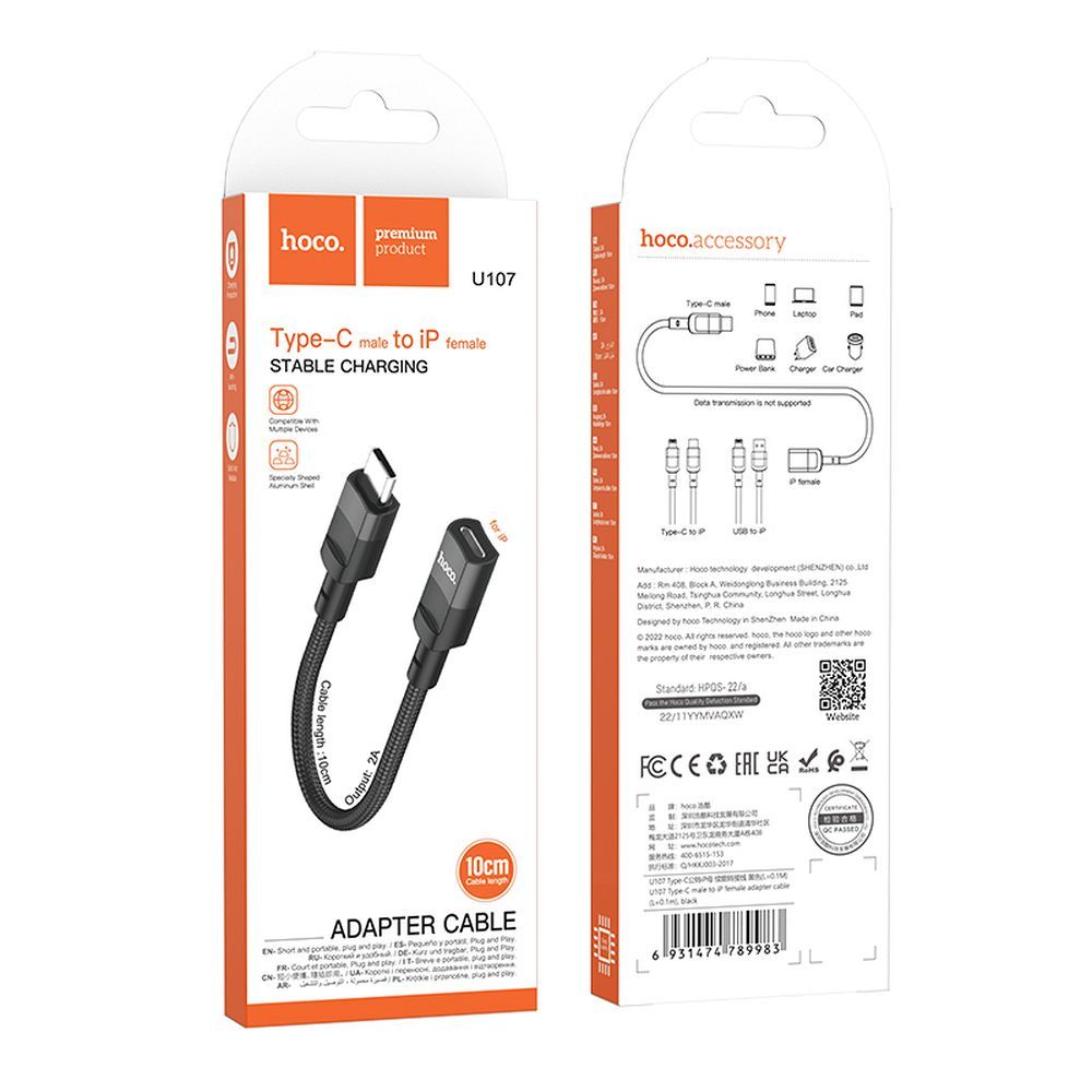 Adapter OTG USB C do Lightning Hoco 3A 0,1 m U107 czarny (2).jpg
