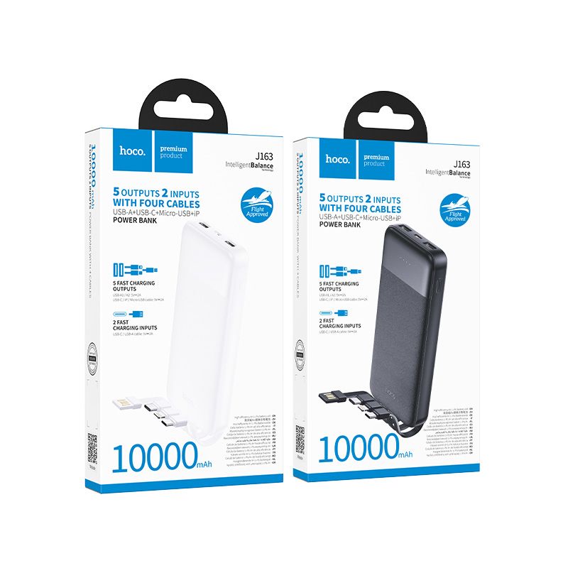 Powerbank Hoco 10000 mAh 2A z czterema wbudowanymi kablami USB A + USB C+ Lightning + Micro USB J163 czarny (1).jpg
