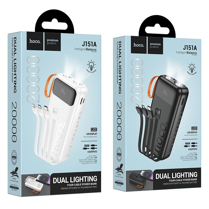 Powerbank Hoco 20000 mAh 2A z wbudowanymi kablami USB A + USB C + Lightning + Micro USB oraz podwójną latarką J151A czarny (1).jpg